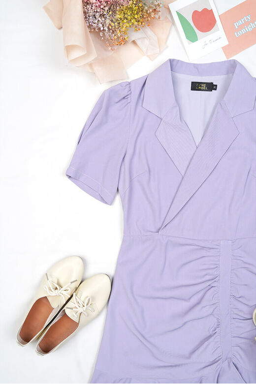 Fine Notch Collar Pleated Side Split Frill Hem Dress (Pastel Purple)